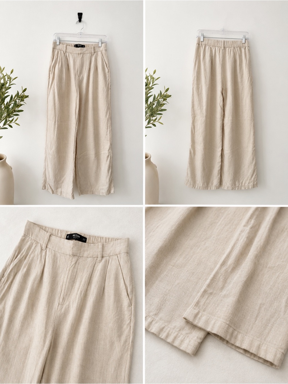 Beige Wide-Leg Linen Blend Womens Pants